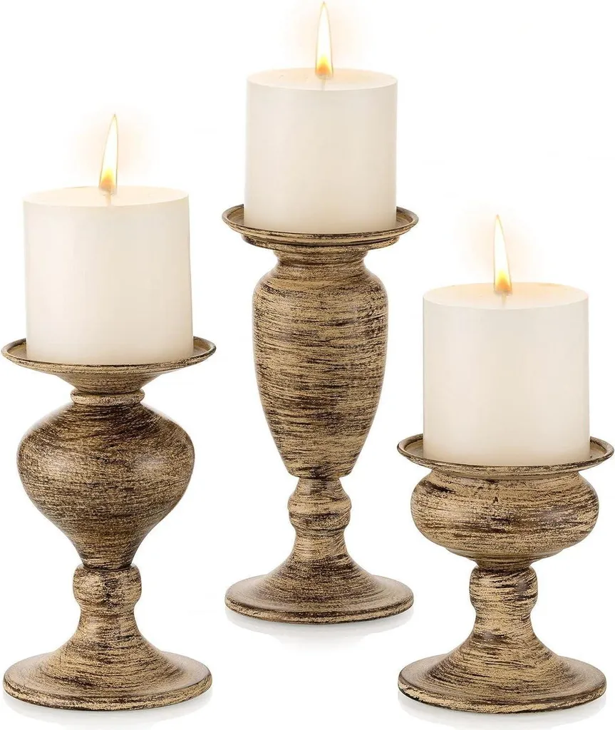 Sziqiqi Porte-bougies vintage en métal brun - Lot de 3 bougeoirs de table