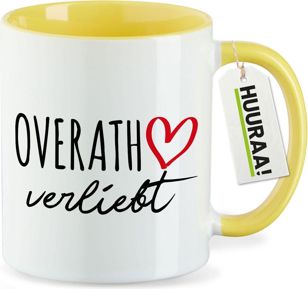 Huuraa Kaffeetasse Overath verliebt 330ml Gelb Keramik Kaffeebecher Geschenkidee