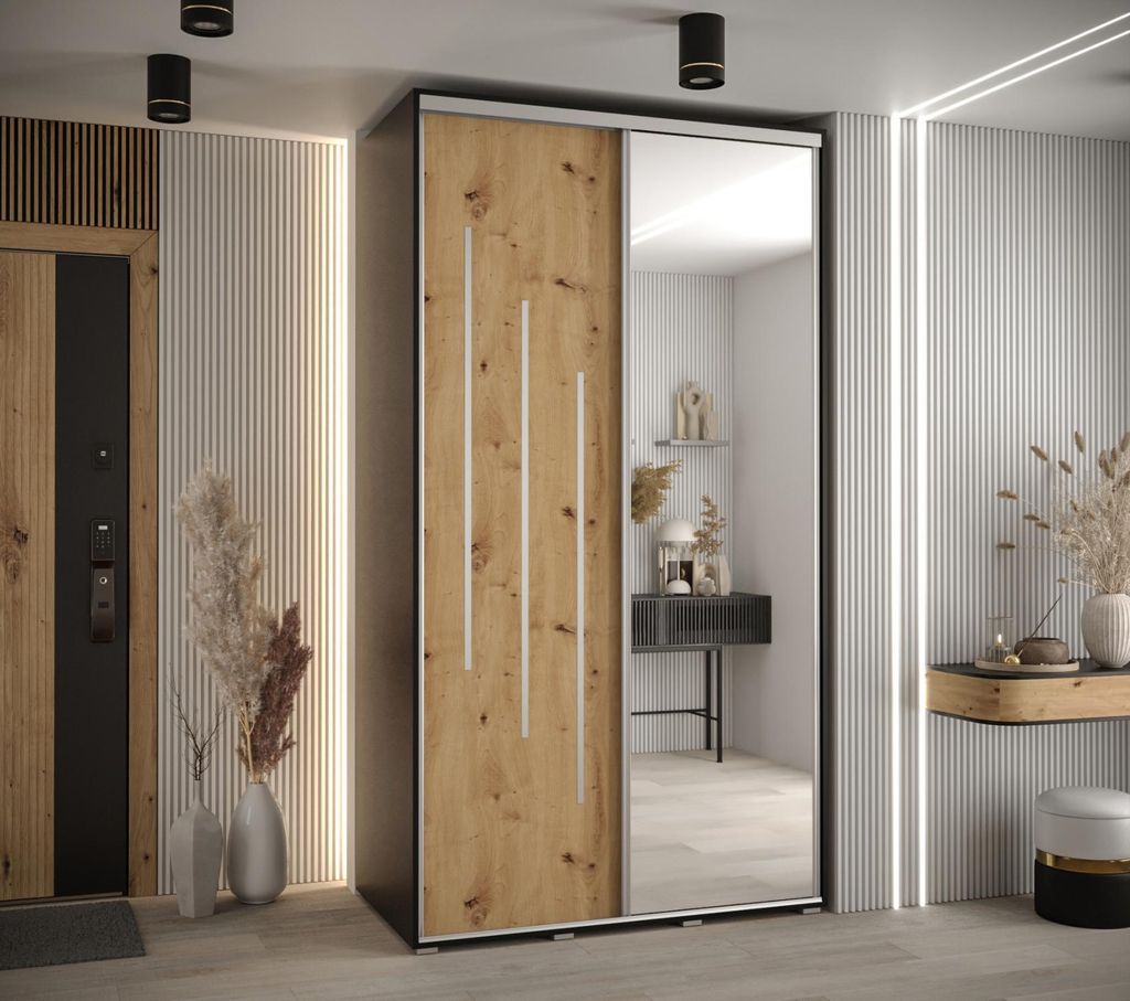 Kleiderschrank YVONA 9 - 140/60 cm, schwarz / Eiche handwerklich / silber