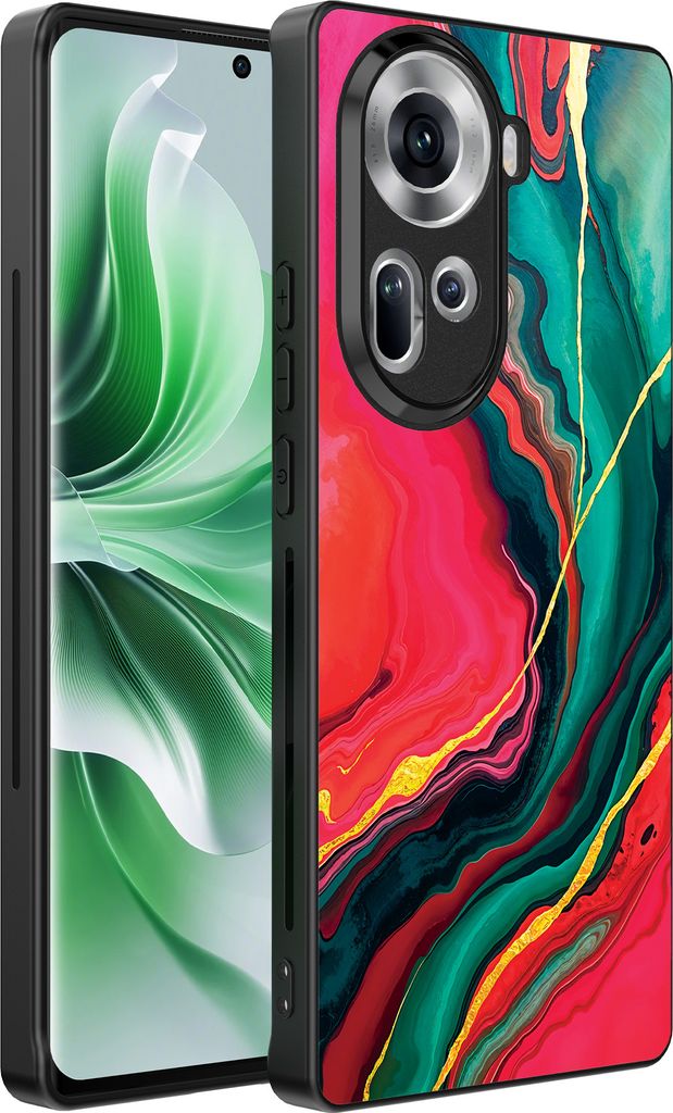 Smartphonica Handytasche passend für Oppo Reno 11 mit Rot Grüner Marmor Druck - TPU Backcover Case Rot Grüner Marmor Design