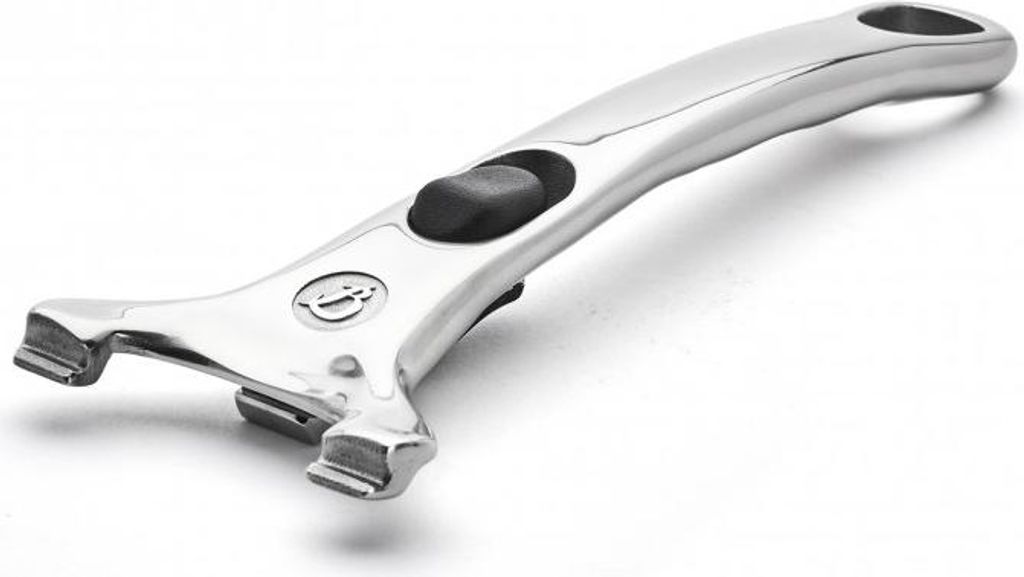 A shiny metal handle with a black button, isolated on a white background.