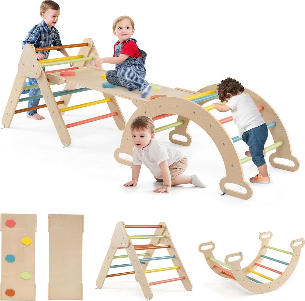 GOPLUS Klettergerüst Indoor, 4 in 1 Kletterdreieck & Kletterbogen & Leiter & Rutsche, zum Klettern, Rutschen, für Kinder ab 1 Jahre (Macaron bunt)