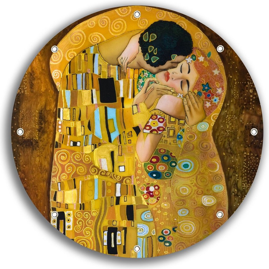 Wallario rundes Outdoor-Poster für Garten oder Balkon, Motiv Der Kuss von Klimt, 30 cm Durchmesser