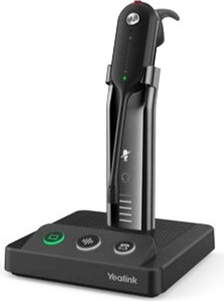 A black Yealink WH63 portable headset and its charging base are shown against a white background.