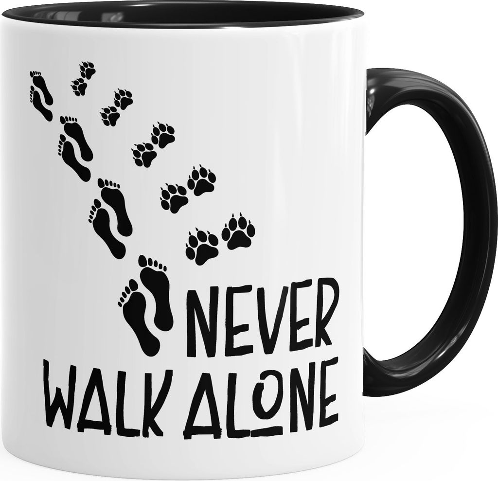 Tasse Never walk alone Hund Pfoten Hundepfoten Pfotenabdrücke Hundebesitzer Kaffeetasse Teetasse Keramiktasse MoonWorks schwarz unisize