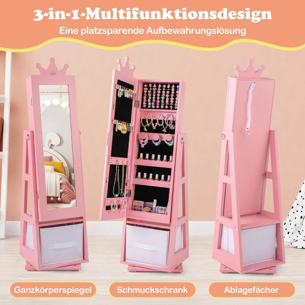 Armoire bijoux rose enfant gain de place miroir inclinable antichoc