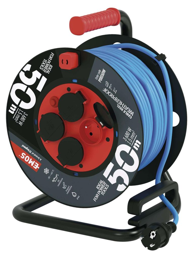 Počasí odolný prodluž. kabel na bubnu 50 m / 4 zásuvky / modrý / PVC / 230 V / 1,5 mm2