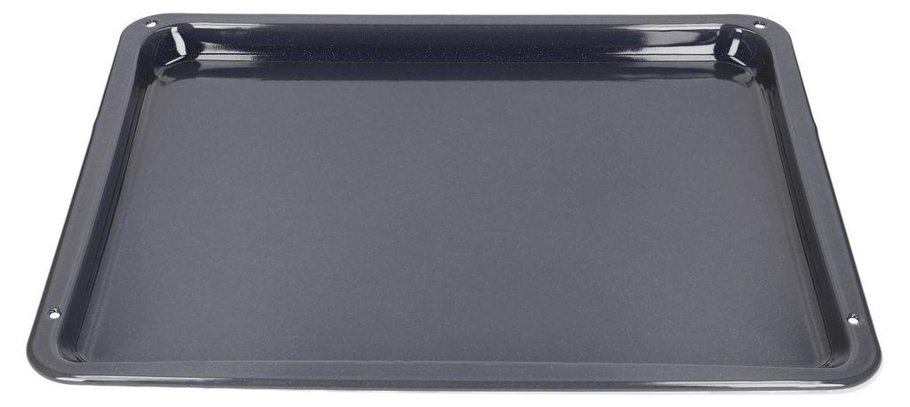 A dark gray baking tray with a slightly raised edge, shown from a slightly elevated angle against a white background.