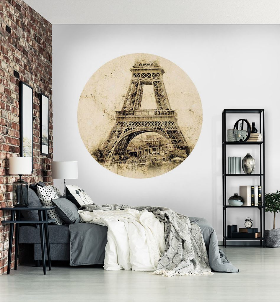 Fototapete Eiffelturm Nostalgie gelb rund, Material:Premium Vlies 150g/qm, Größe Tapete:130cm rund