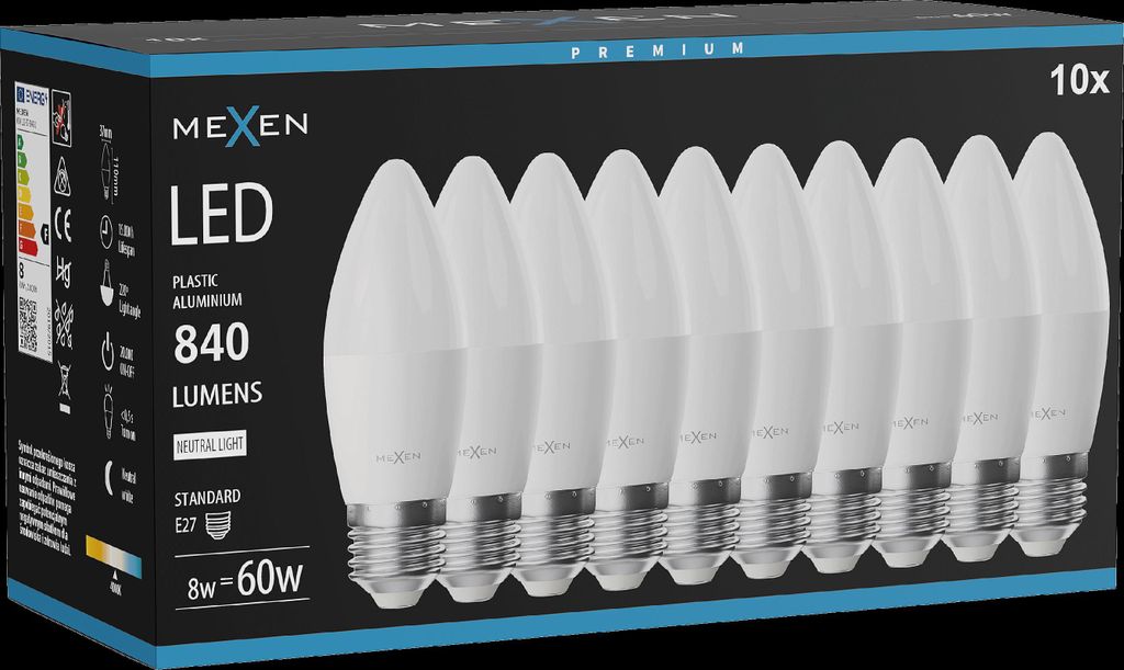Mexen Nova 10x LED-Glühbirne E27, C37, 8W, Neutral - 4000K, Produktbild 