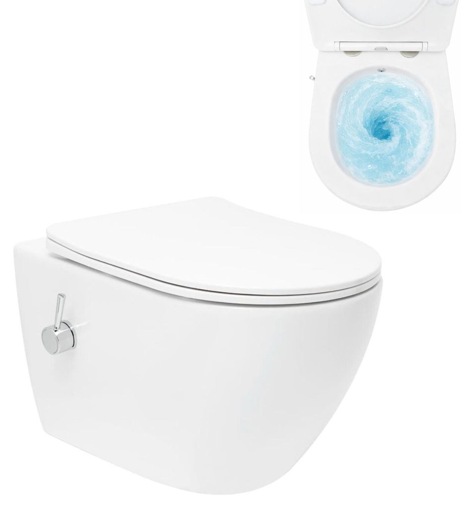 SAT Fusion Wand-WC mit Bidet und Wirbelspülung WC-Sitz mit Absenkautomatik inklusive Montageset, weiß