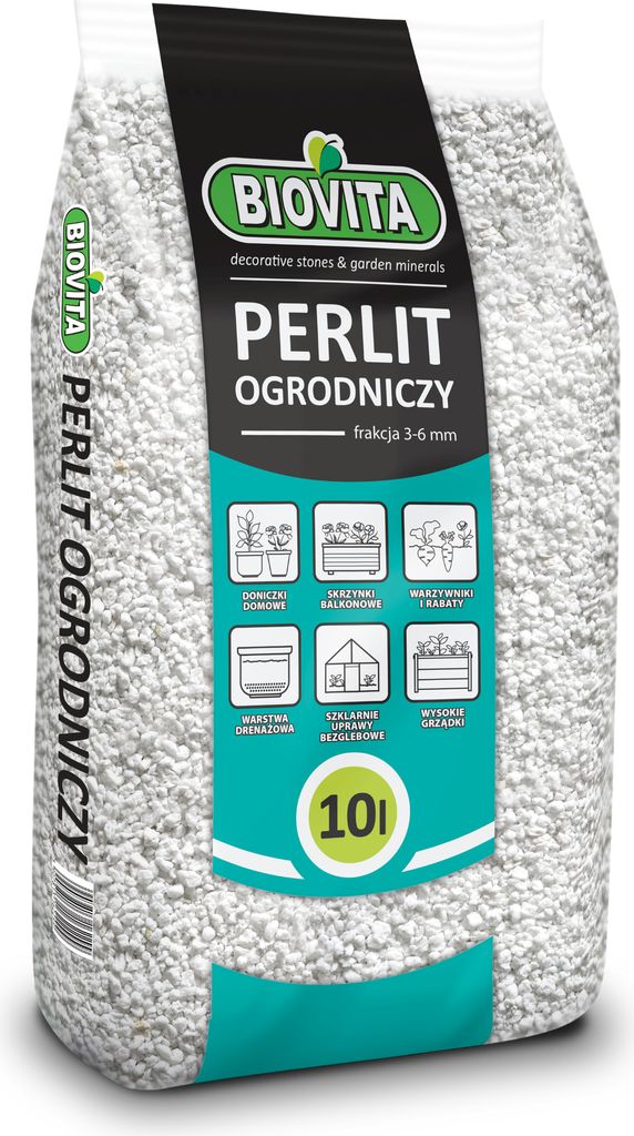 A bag of perlite for gardening, with product information and icons on the front.