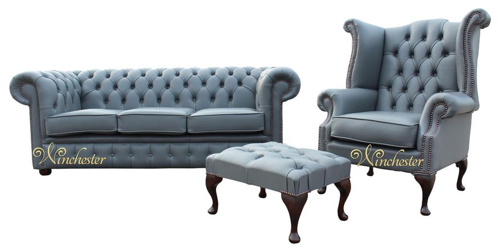 3 Sitzer Couch Ledersofa Chesterfiield + Ohrensessel Hocker 3 tlg. Sofagarnitur