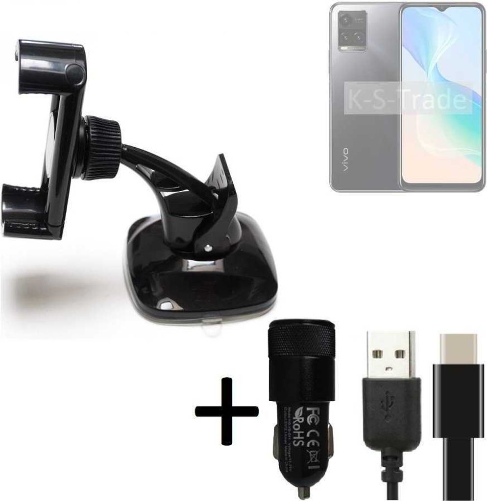 K-S-Trade Handy-Halterung kompatibel mit Vivo Y33s Windschutzscheibe / Armaturenbrett + LADEGERÄT mit Mico USB Kabel Autohalterung Scheiben-Halterung
