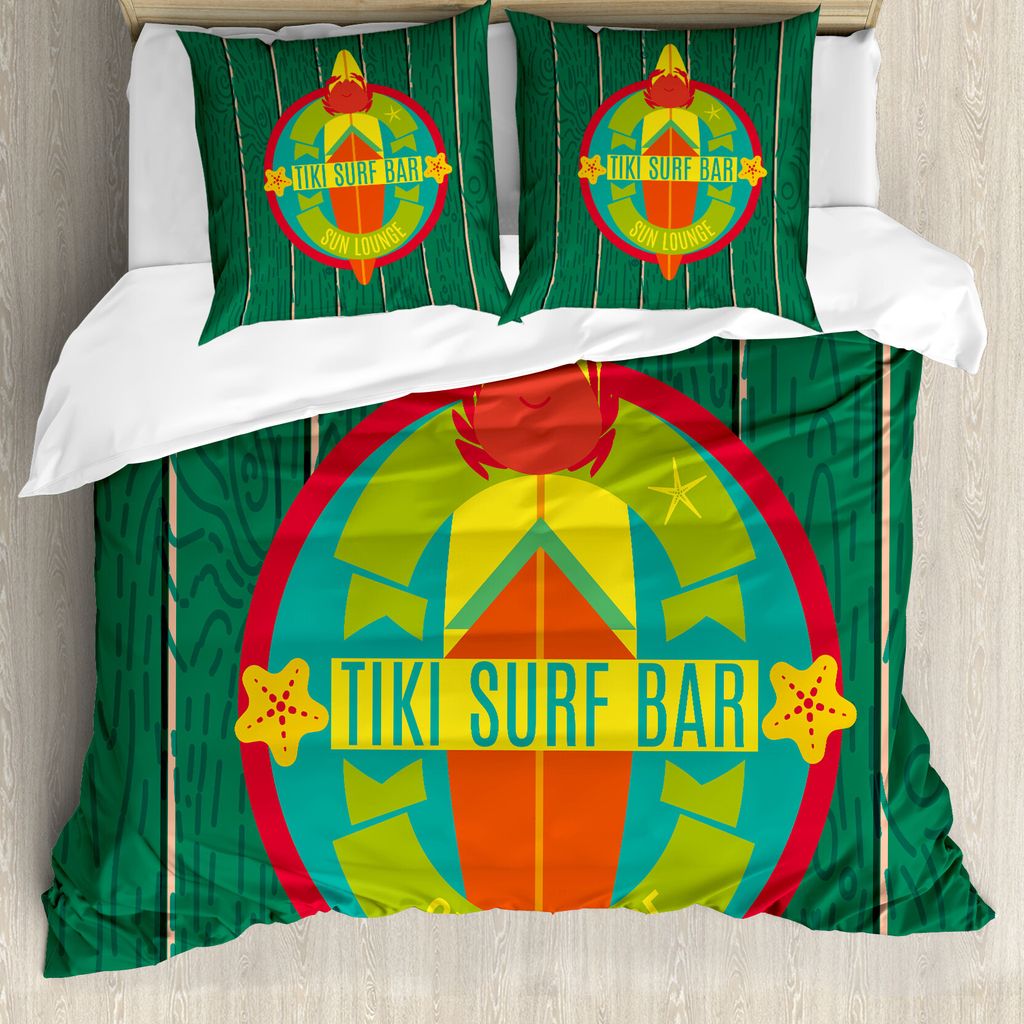 ABAKUHAUS Tiki Bar Bettbezug, Surf Bar Urlaub, Milbensicher Allergiker geeignet mit Kissenbezügen, 155 cm x 220 cm - 80 x 80 cm, Mehrfarbig