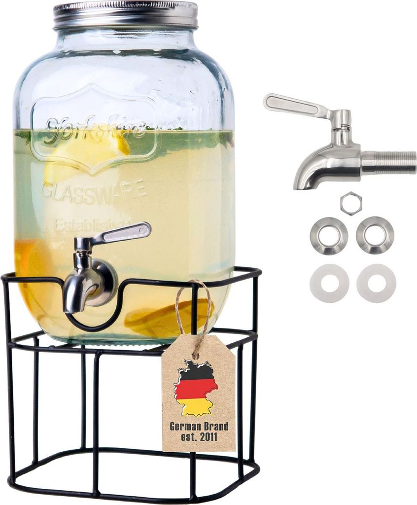 Intirilife Getränkespender 4 Liter aus Glas mit Zapfhahn und Gestell - Wasserspender Saftspender Limonadenspender Glasbehälter für Getränke