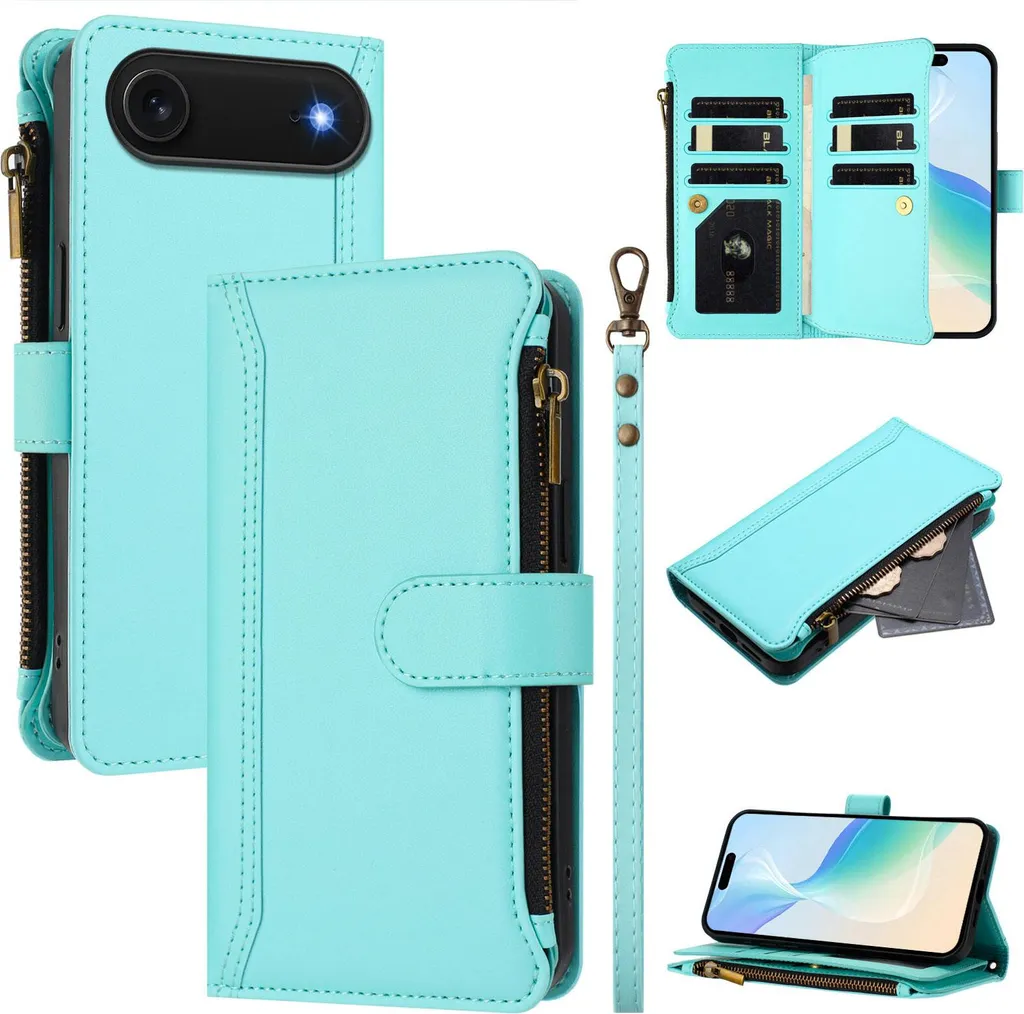 Custodia iPhone Air Portafoglio con Cerniera Verde Menta | Pelle Vegana