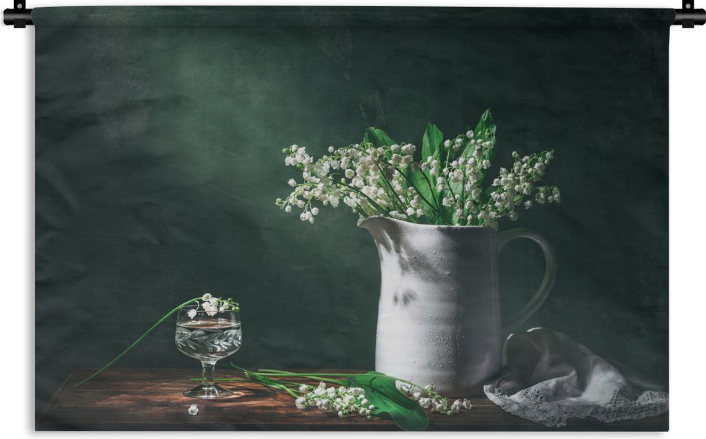 MuchoWow Wandteppich Wandbehang Maiglöckchen - Dose - Stilleben 90x60 cm Tapisserie Dekoration Wandtuch - Wandskulpturen - Bildteppich