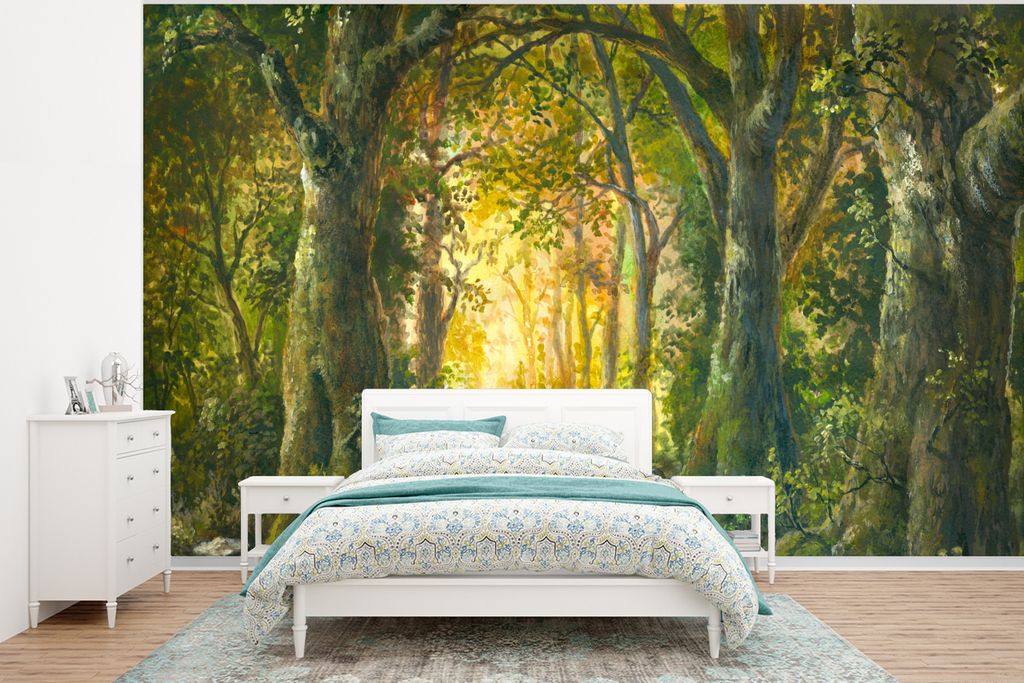 MuchoWow Fototapete für Wohnzimmer oder Schlafzimmer Wandtapete Vinyl Motivtapete Wald - Aquarell - Kröte - 350x260 cm - Wohnzimmer-Tapete