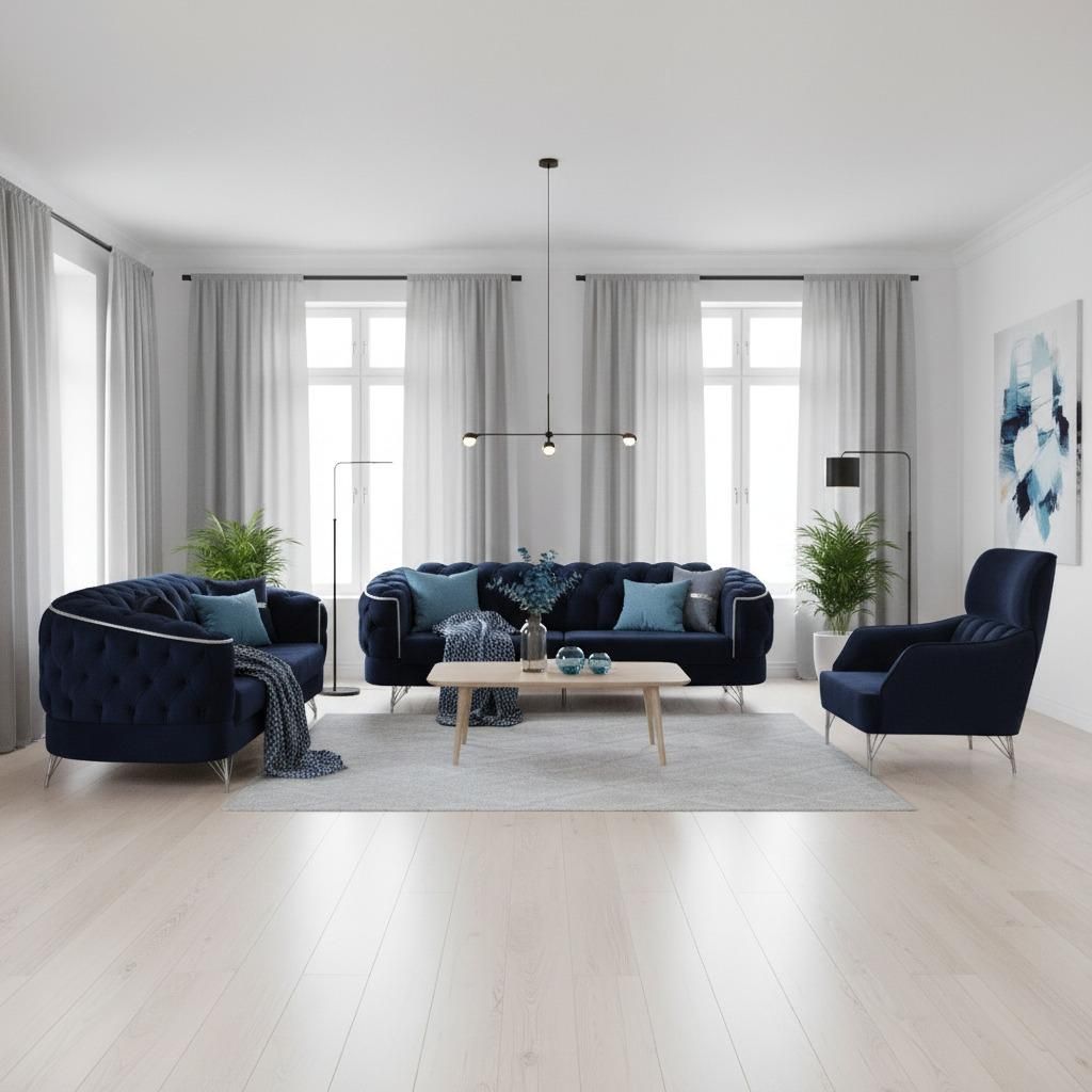 Sofa-Set Marrakesch, zeitlose Eleganz mit edler in m Samt Spar-Set, 3-Sitzer+3-Sitzer+ Sessel 3-Sitzer mit Schlaffunktion Farbe: Marineblau