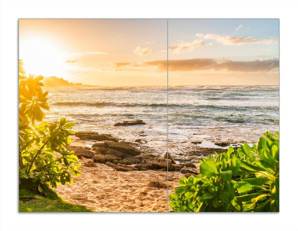 Wallario Herdabdeckplatte aus Glas, Größe 70 x 52 cm 2-teilig, Motiv Strand im Morgenlicht