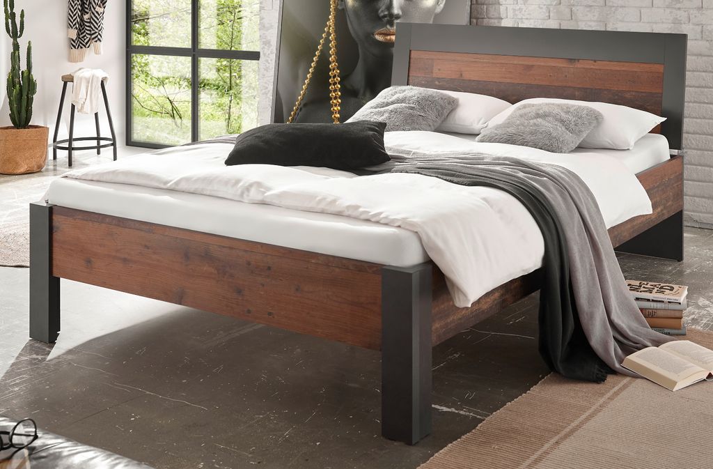 Bett "Ward" in Used Wood mit grau Einzelbett Liegefläche 140 x 200 cm