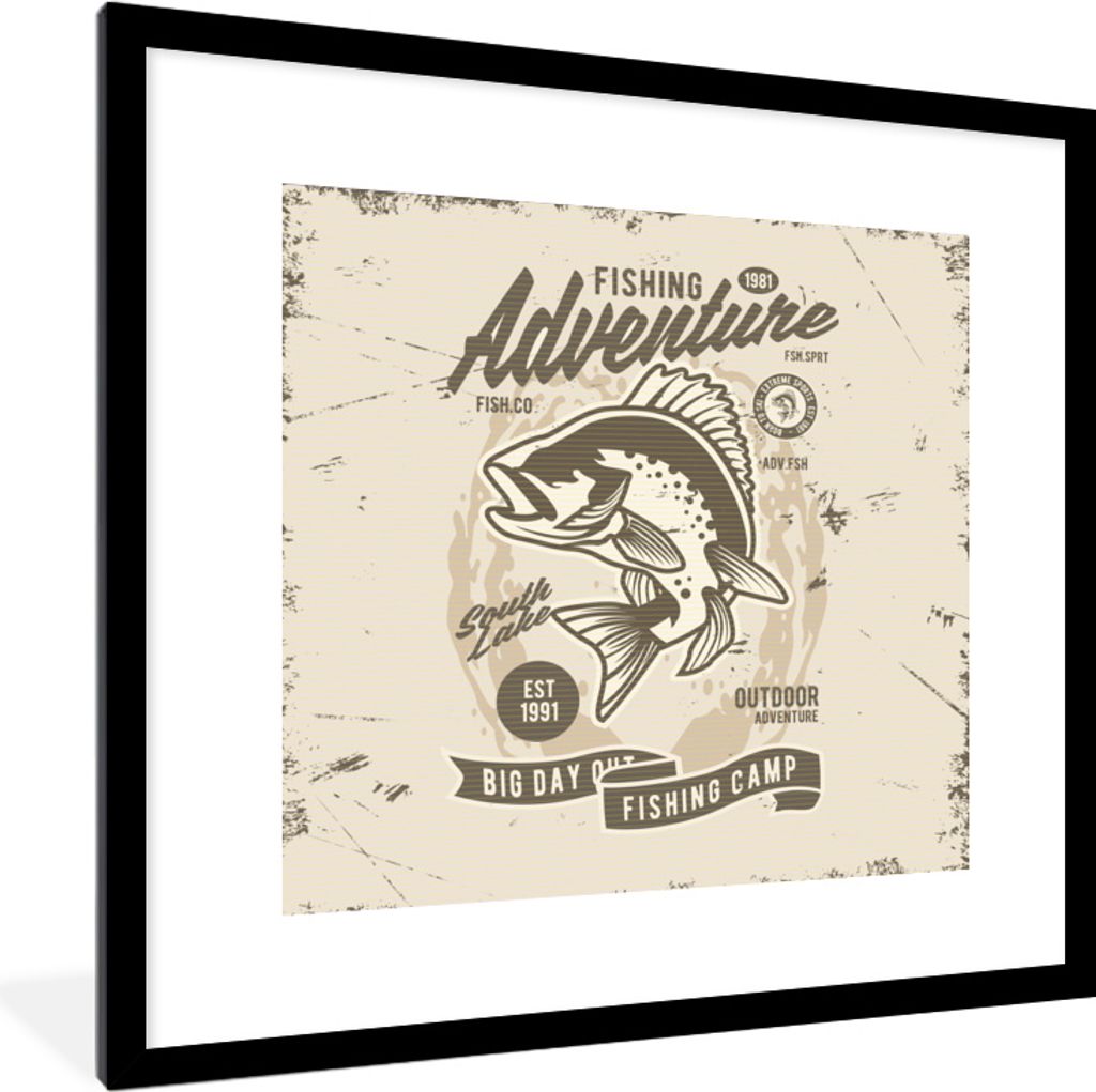 MuchoWow MuchoWow Gerahmtes Poster Fisch - Retro - Zitat 40x40 cm - Poster mit zchwarzem Bilderrahmen - Poster - Plakat im Rahmen