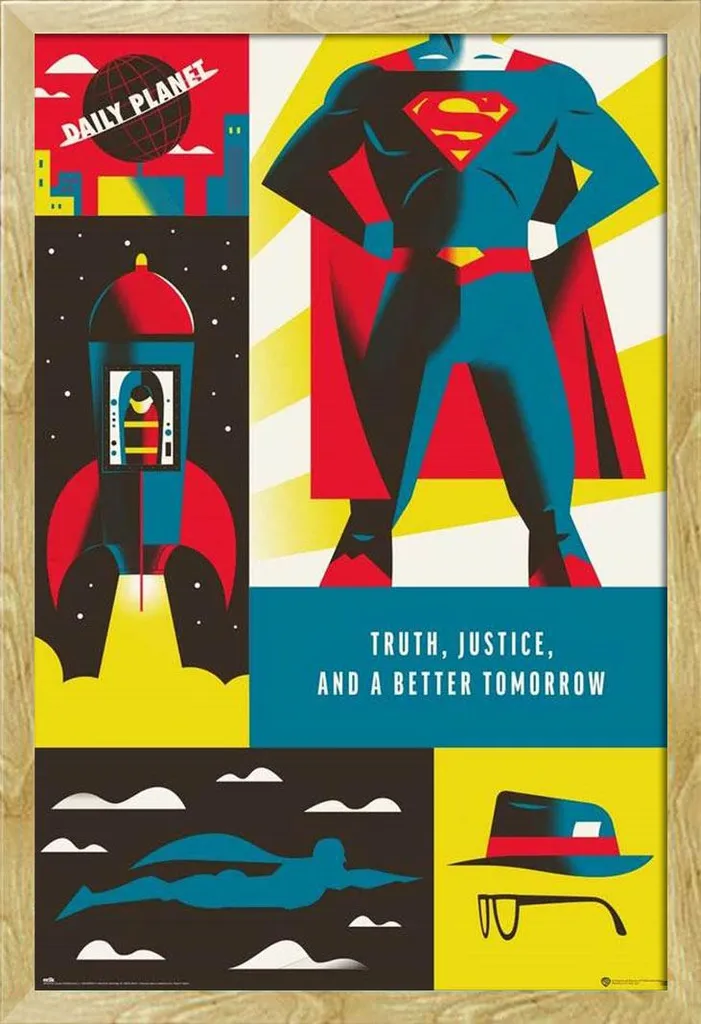 Offerta Poster Superman Warner 100 Anni + Cornice Legno Faggio 61x91