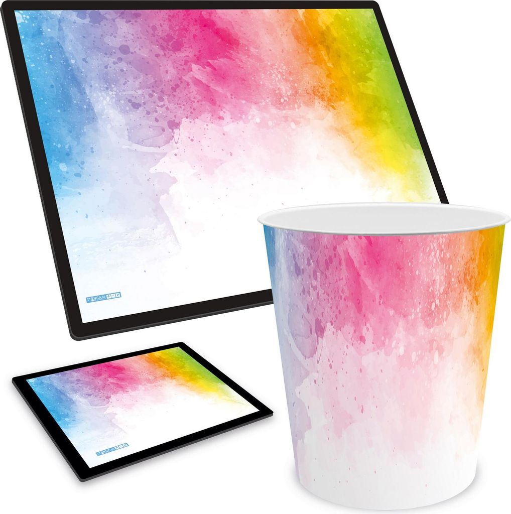 ITENGA Papierkorb Schreibtischunterlage Mauspad Set - ca. 11 Liter - REGENBOGEN AQUARELL