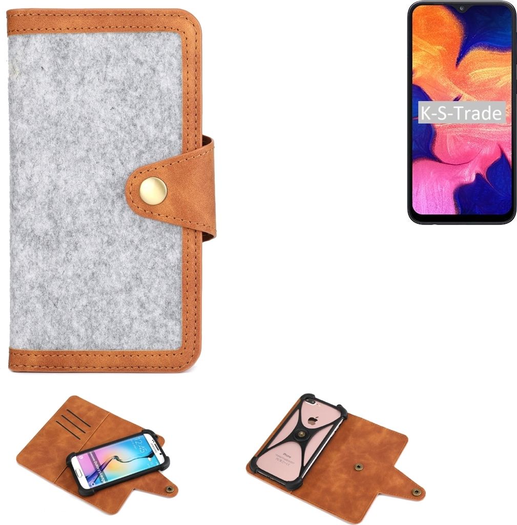 K-S-Trade Handyhülle kompatibel mit Samsung Galaxy A10 Schutzhülle Filz-Hülle Kunst-Leder hellgrau braun (1x)