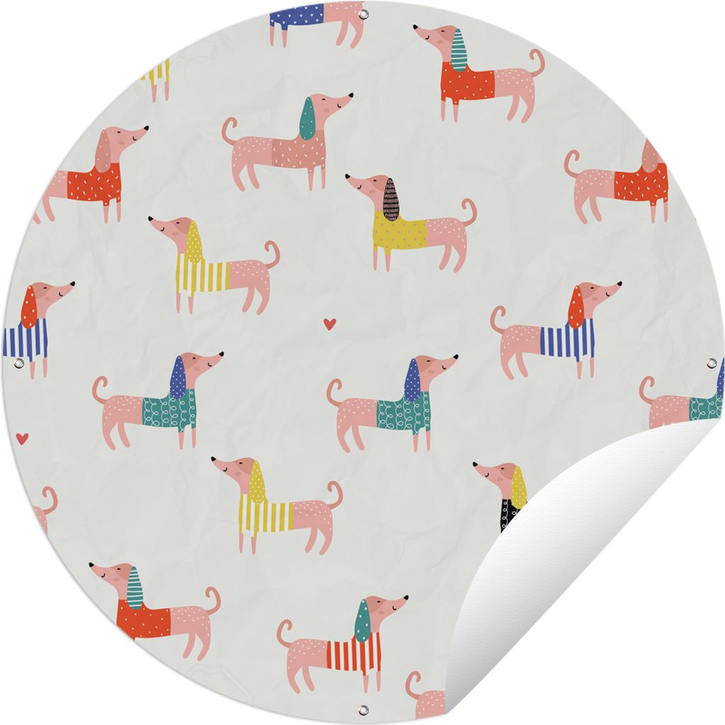 MuchoWow Gartenposter Outdoor-Poster Rund Hund Illustration mit Dackel vor weißem Hintergrund Ø 120 cm Gartendeko Rundes Poster draußen