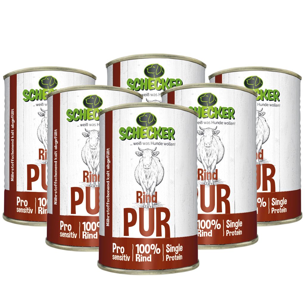 6 x 410 g - Schecker Nassfutter - 100% Rind PUR - getreidefrei