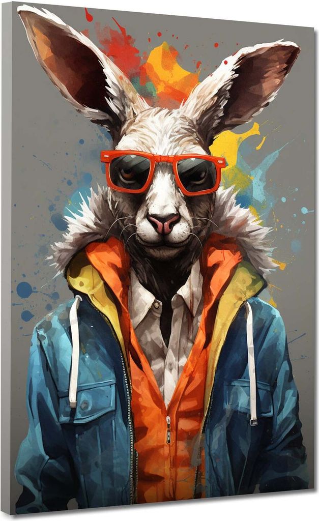 Pop Art Cooler Hase mit Sonnenbrille Painting Style Leinwandbild XL Wanddeko: 90x120x4cm