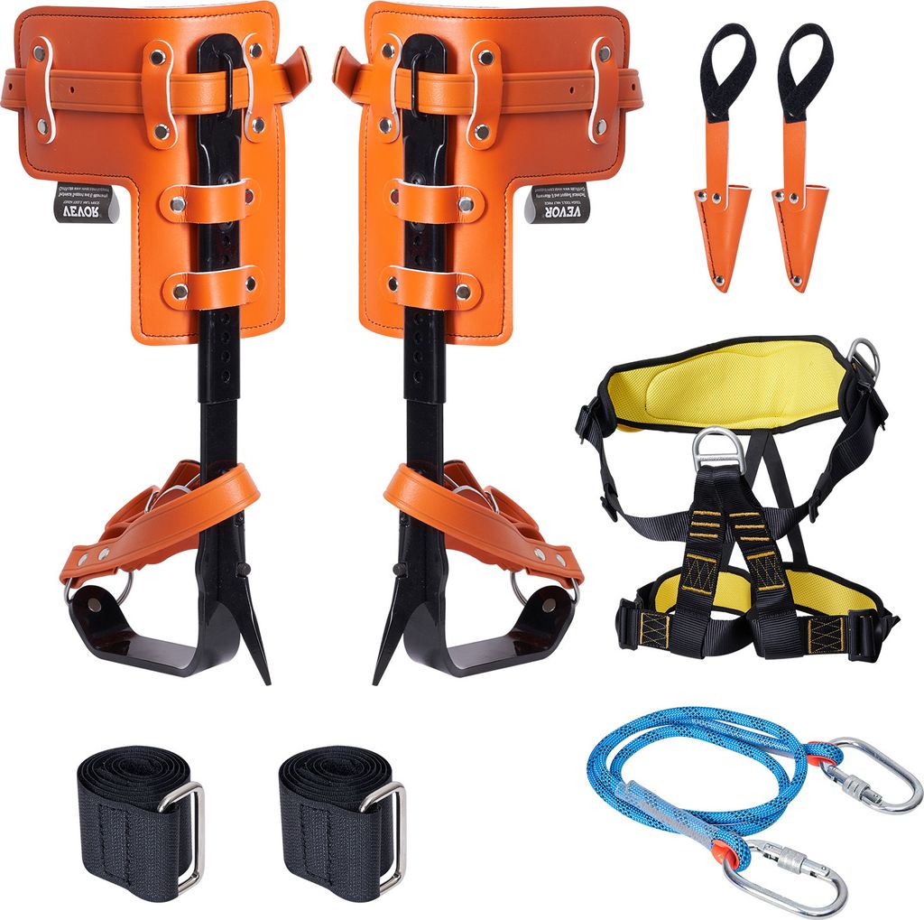 A collection of tree climbing equipment laid out on a white background.