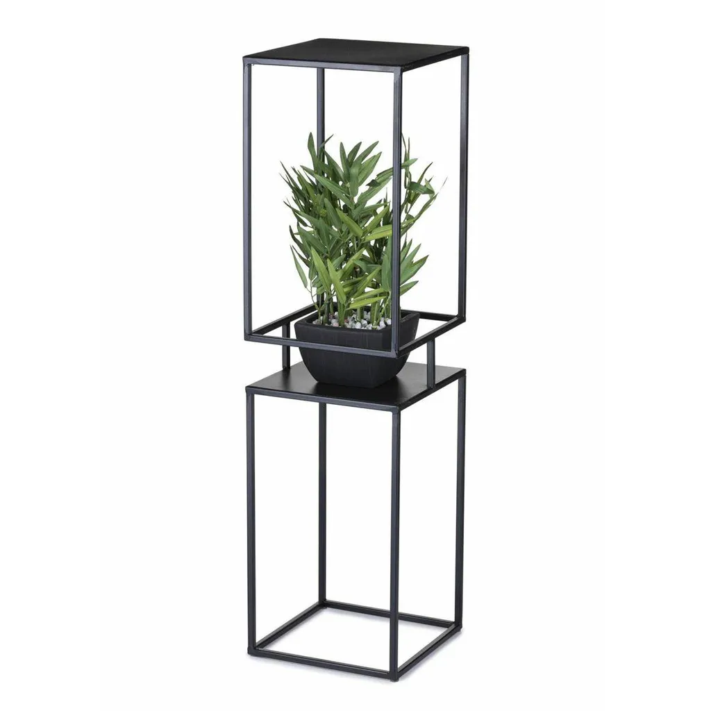 Porte-plante industriel en métal noir 87 cm avec double étagère déco