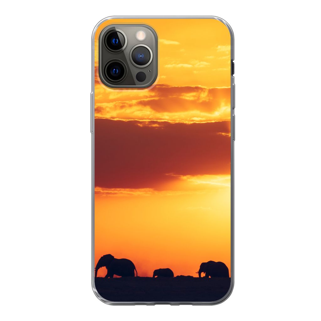 MuchoWow Handyhülle Schutzhülle Hülle für iPhone 12 Pro Elefanten - Horizont - Sonnenuntergang - Tiere Silikon Softcase Handy Hülle - Abdeckung