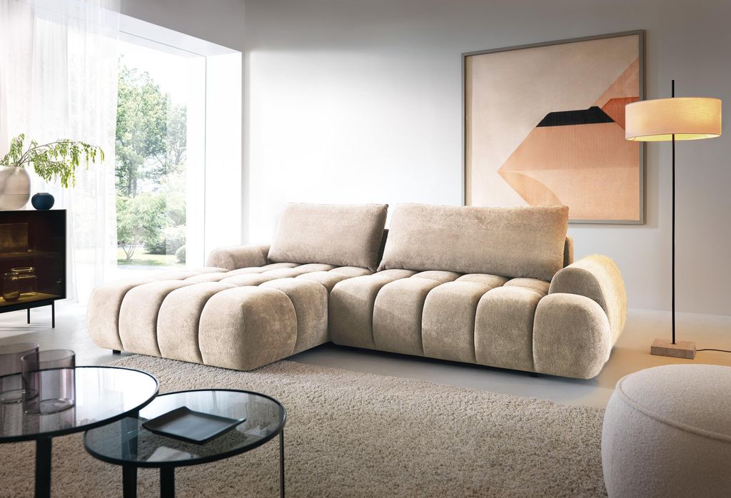 Ecksofa 280 cm Valerio mit Bettkasten und Schlaffunktion - Links, Ecksofa L-Form, Schaumstoff (Beige - Gobi 3)
