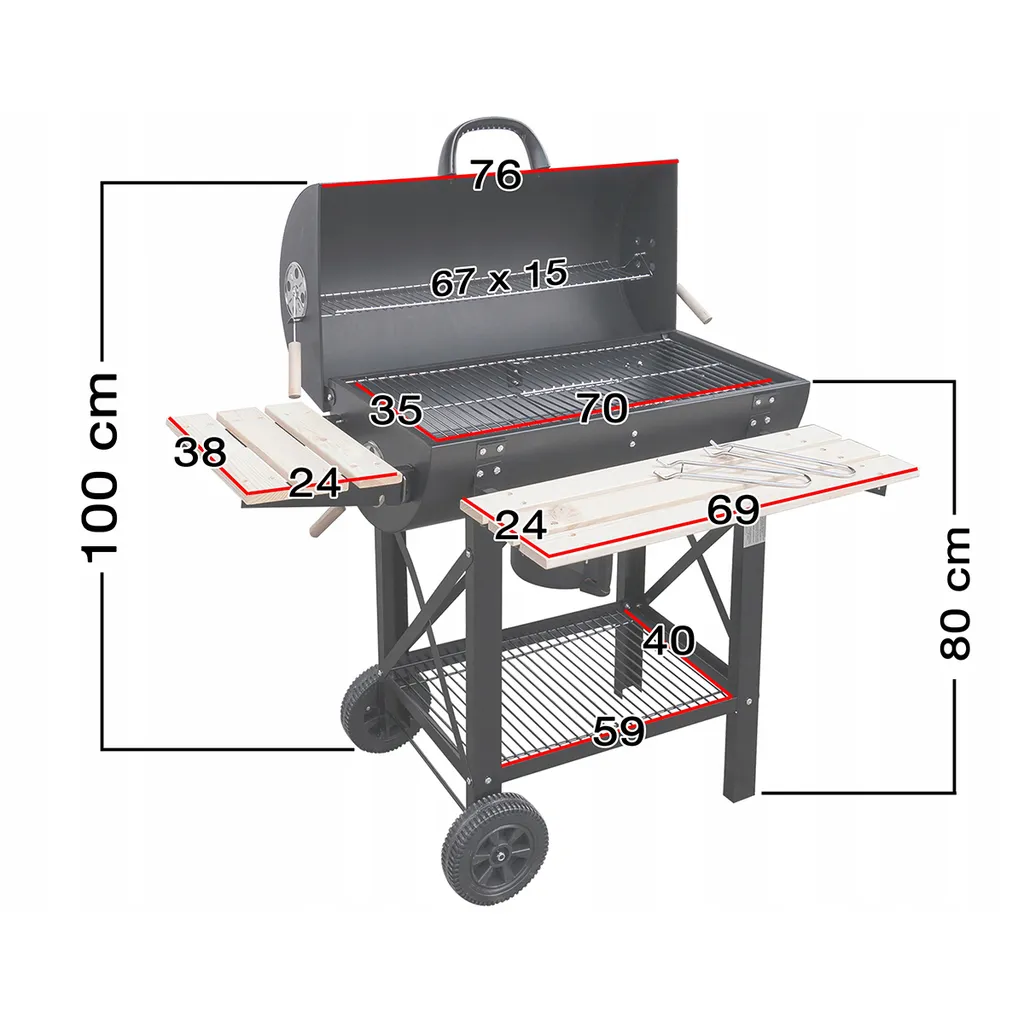 Barbecue à charbon roulant anti-fumée avec capot et rangement pratique