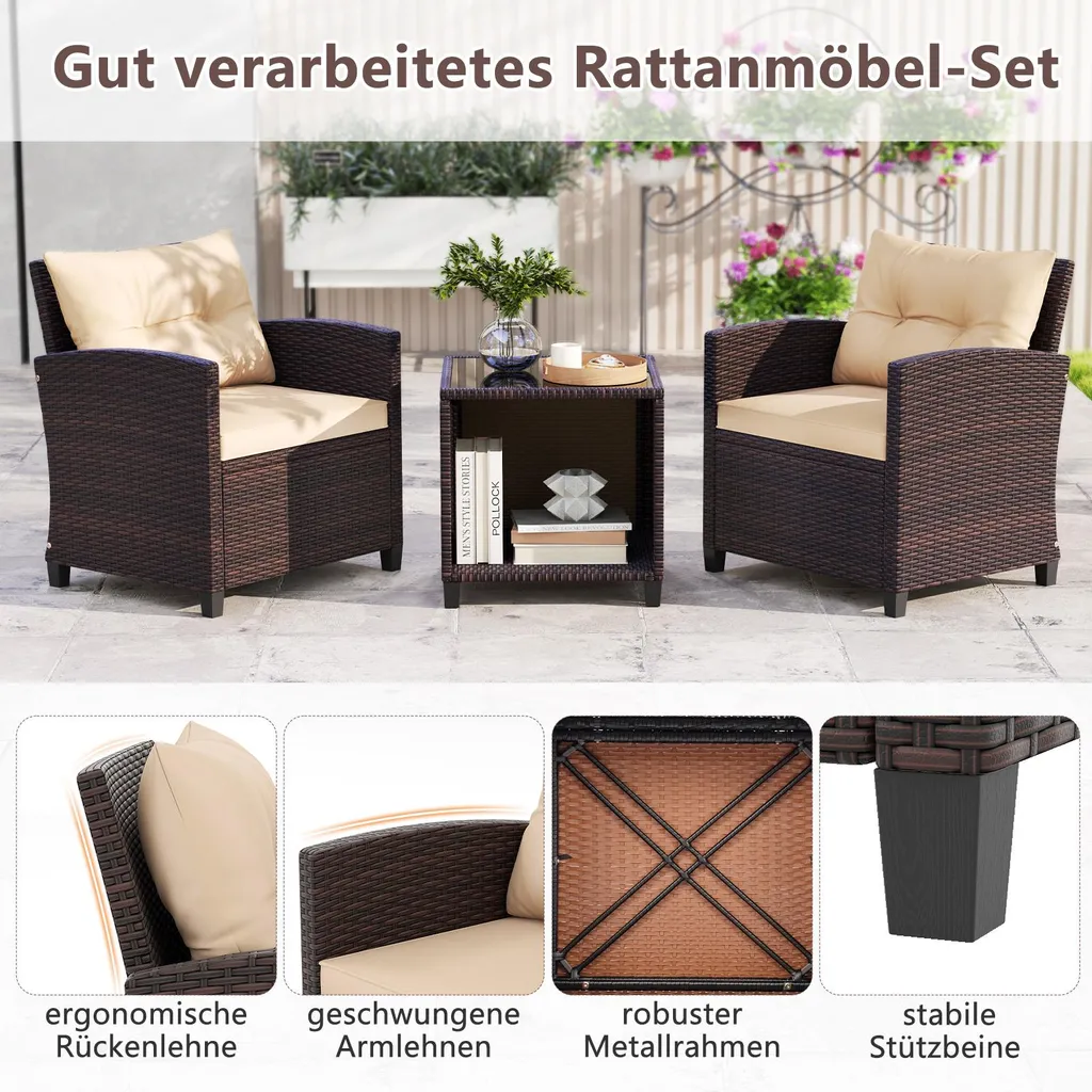 Meuble de Balcon en Rotin Résistant avec Table et Fauteuils Ergonomiques