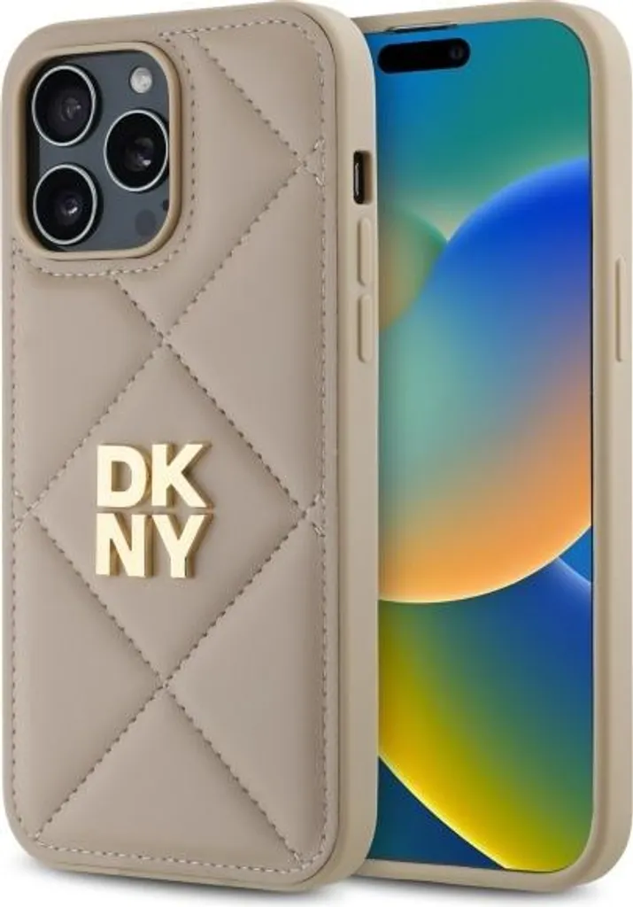 DKNY Cover iPhone 14 Pro Max 6.7 Trapuntata Beige Logo Stack Elegante
