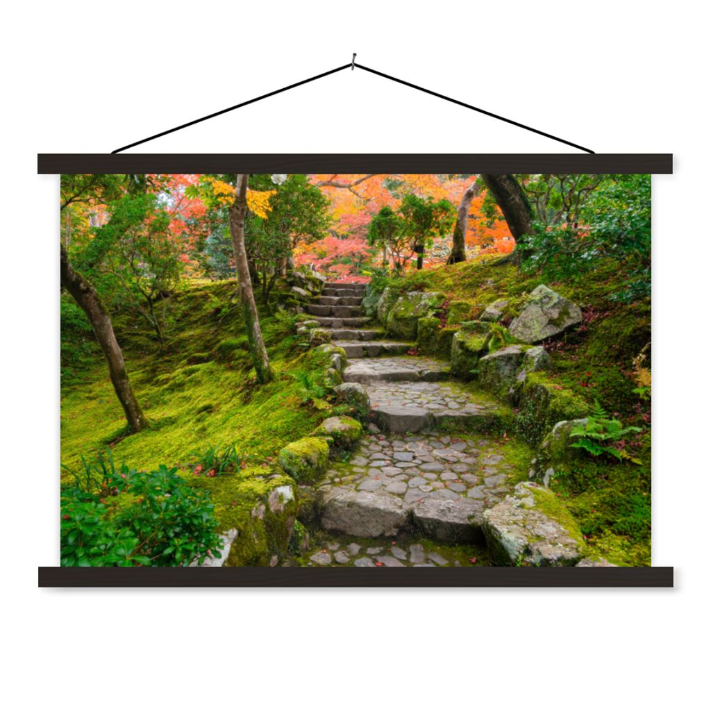 MuchoWow Textilposter Natur - Steine - Kröte - Moos - Japanisch 90x60 cm mit schwarzem Rahmen - Aufhängungssatz