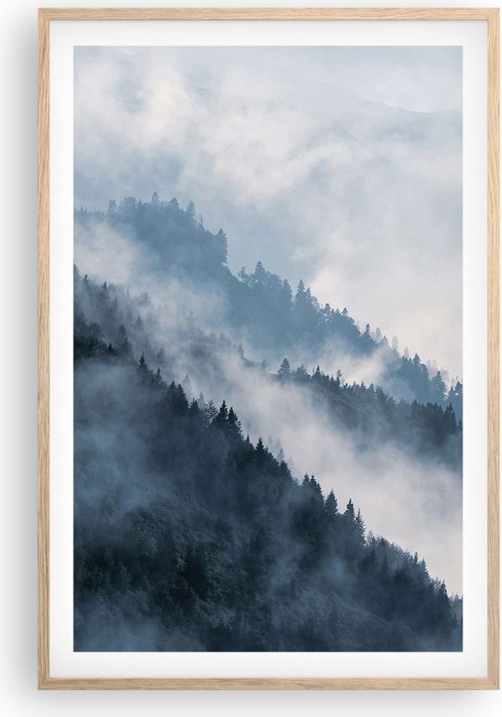 Gerahmtes Poster - Rahmen in heller Eiche - Berge Nebel Produktbild 