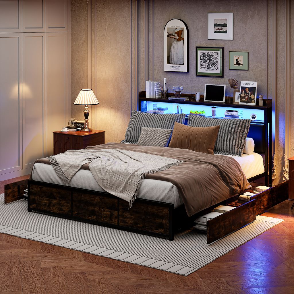 Polsterbett Doppelbett 160x200, LED Stauraumbett Jugendbett mit 4 Schubladen, Bett Funktionsbett Rückenlehne Bettgestell mit Holz Lattenrost, PU