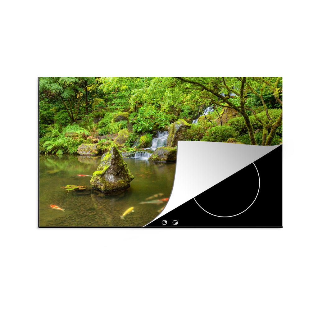 KitchenYeah Herdabdeckplatte Wasserfall - Koi - Japanische Laterne - Moos - Wasser , 76x51cm, Küche Deko, Glaskeramikkochfeld Herdabdeckung, Abd...