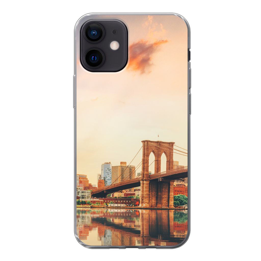 MuchoWow Handyhülle Schutzhülle Hülle für iPhone 12 New York - Brooklyn - Brücke - Sonnenuntergang Silikon Softcase Handy Hülle - Schutzhülle