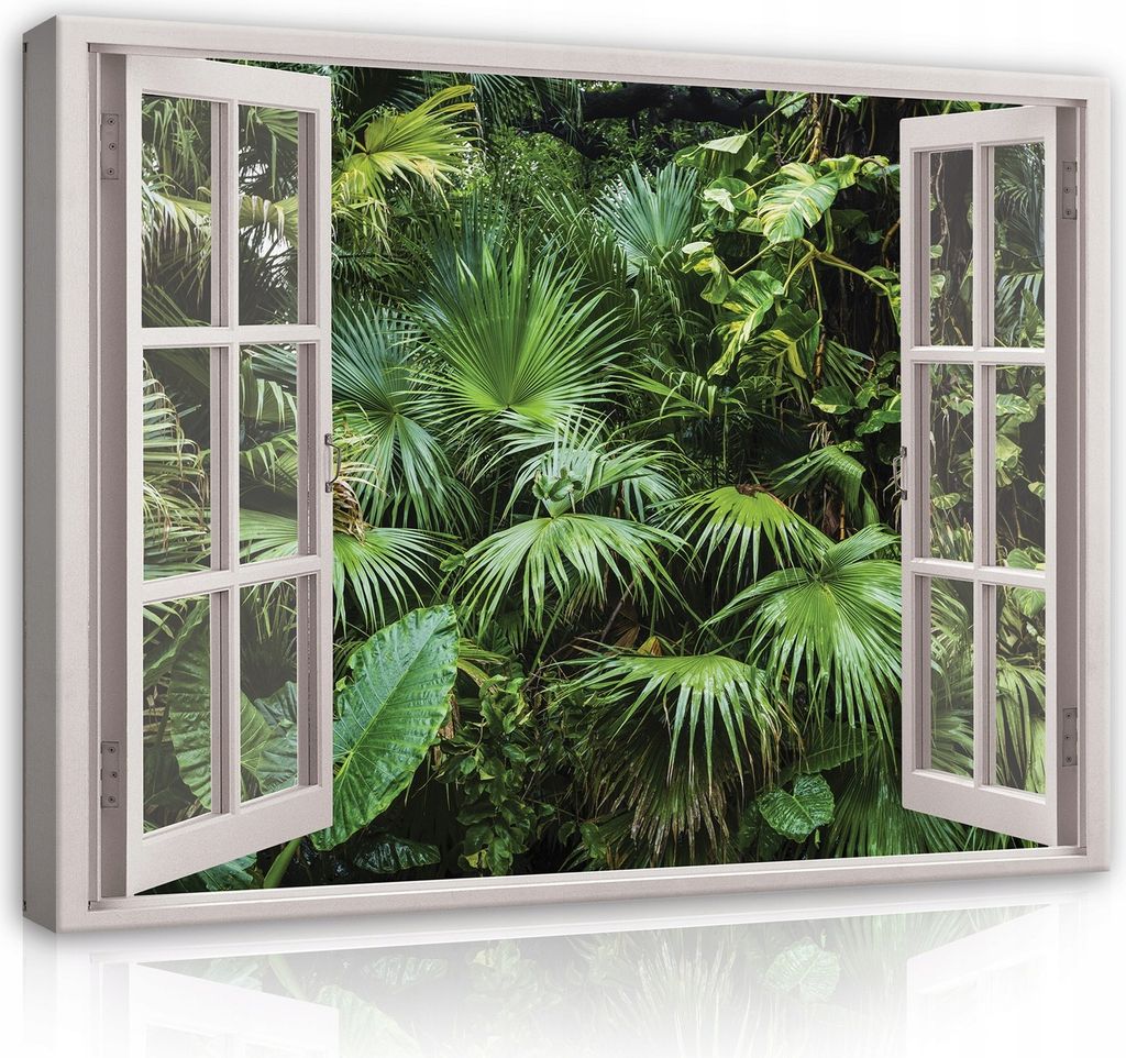 Leinwand Bilder Dschungel Wald Fensterbilck - 80x60 cm - Panorama Natur Landschaft Modern Canvas Leinwandbild XXL Illusion Fenster Küche Schlafzim...