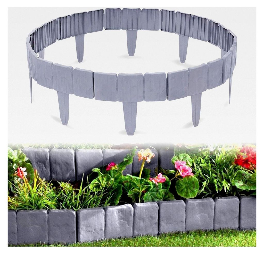 Kunststoff Rasenkante in Steinoptik, 5 m Beeteinfassung, Gartenpalisade, Beetzaun, Grau, 20 Stück