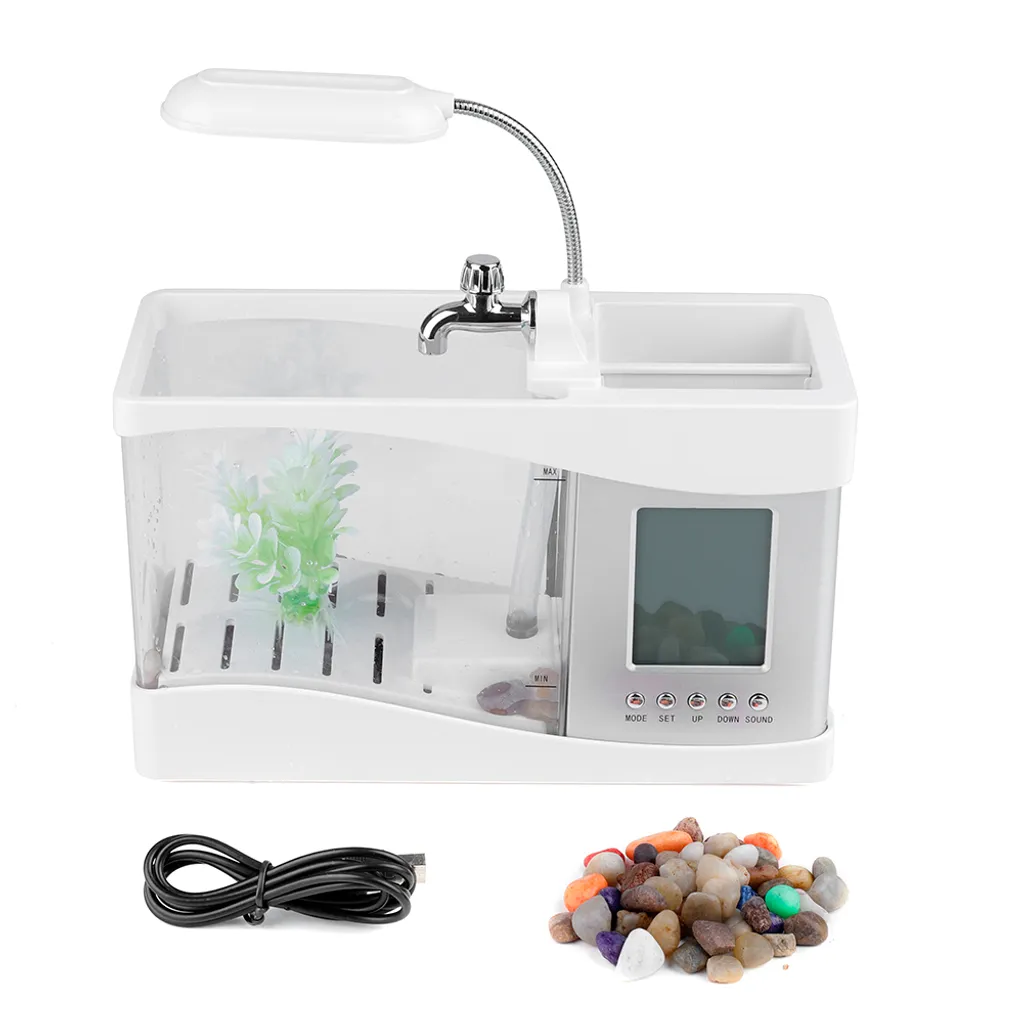 Mini Aquarium USB Blanc Multifonctionnel avec Horloge LCD et LED