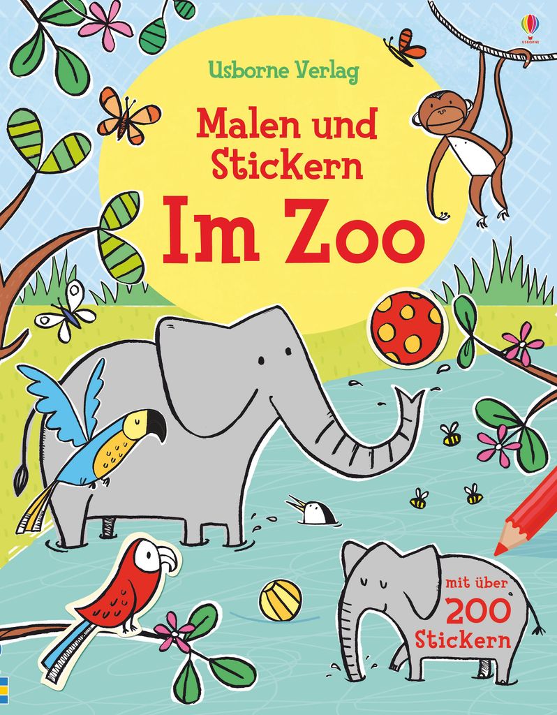 Mal- und Stickerbuch mit Zoo-Motiven: Löwen, Tiger, Elefanten im Gehege