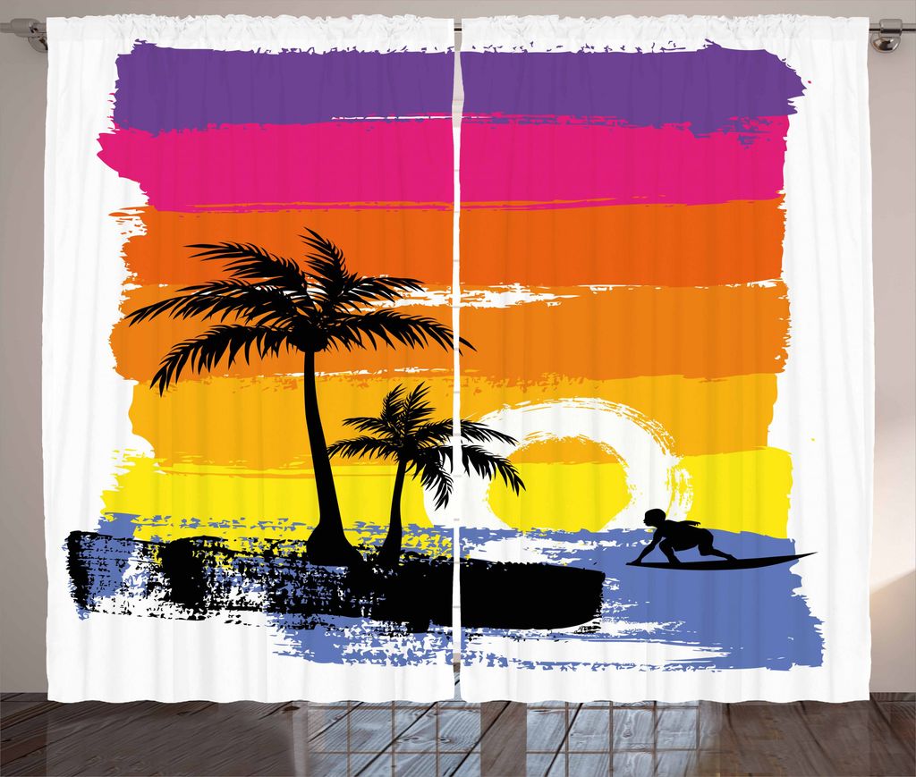 ABAKUHAUS Reite die Welle Rustikaler Gardine, Tropischer Strand, Schlafzimmer Kräuselband Vorhang mit Schlaufen und Haken, 280 x 225 cm, Mehrfarbig